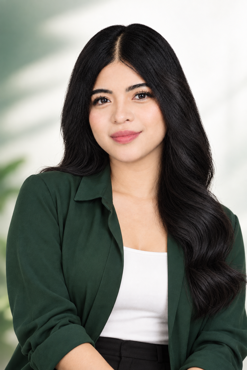 Jemarie Adame in a forest-green jacket, photographed in a warm creative-professional style