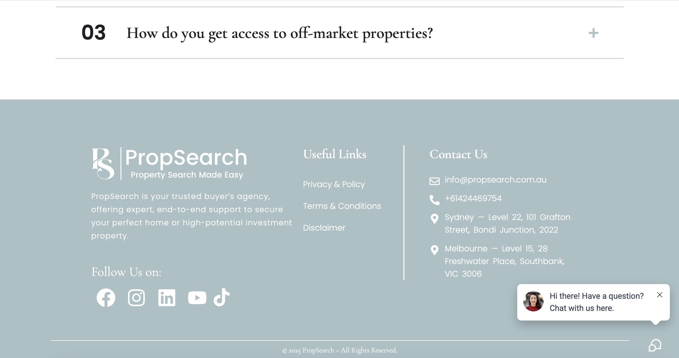 Prop Search website footer showing useful links, contact details, and social media links