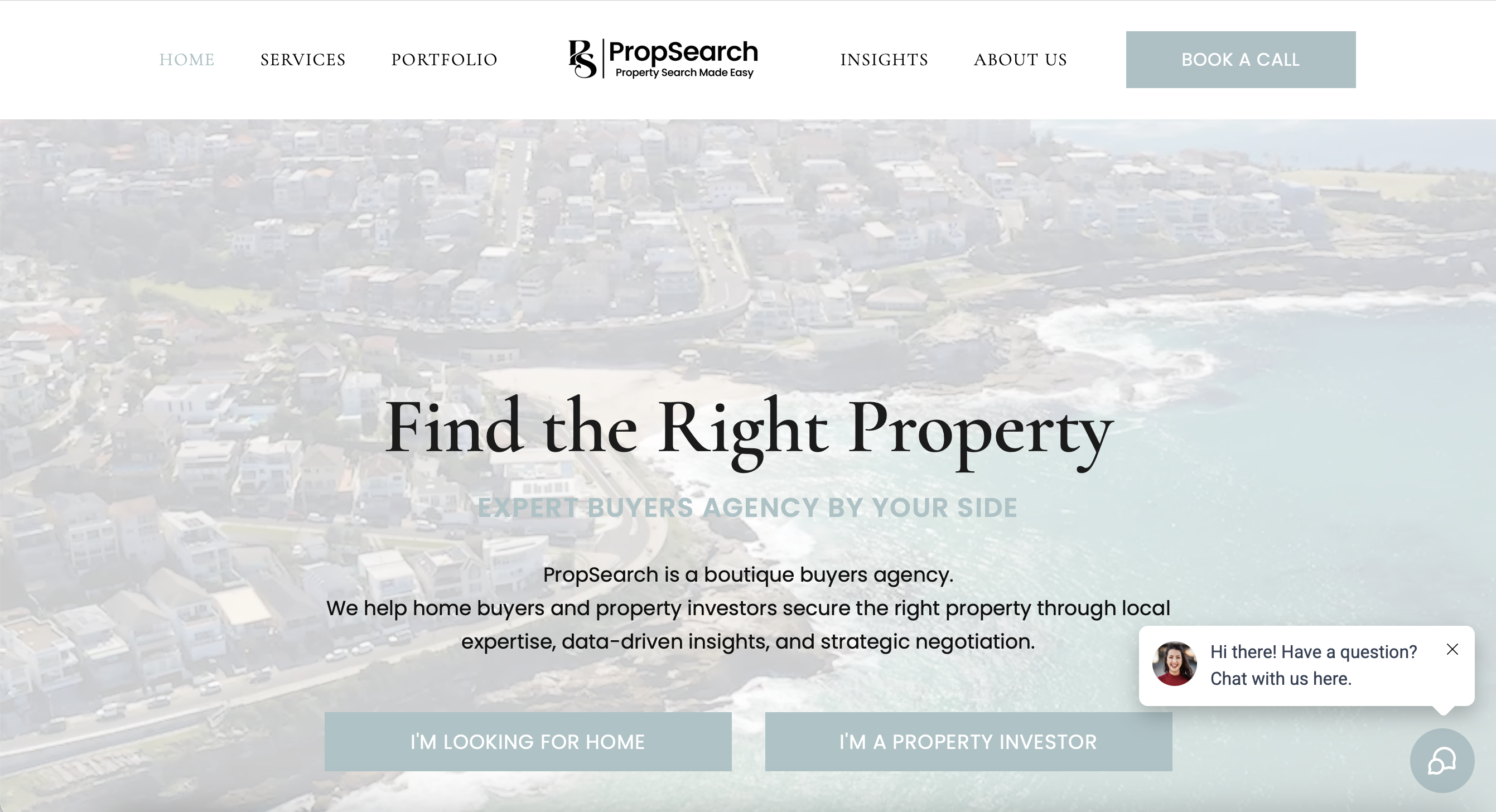Prop Search homepage showing the navigation, hero section, and property search messaging